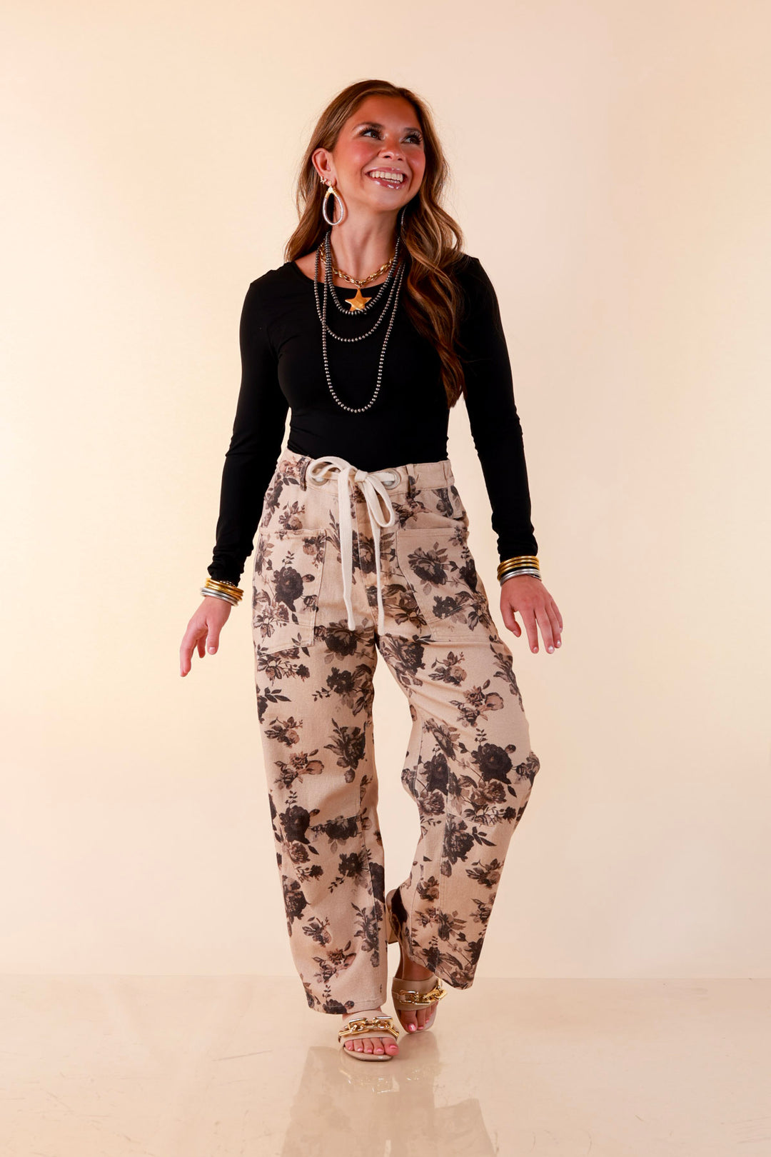 Just My Type Floral Print Wide Leg Barrel Jeans with Drawstring Waist in Beige