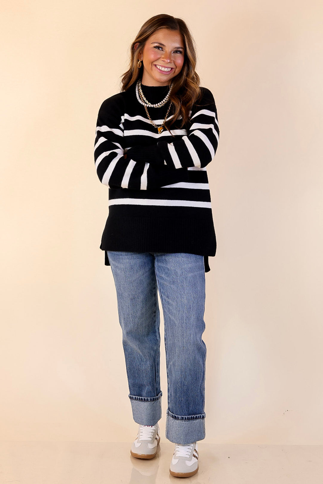 Chilly Day Charm Mock Neck Long Sleeve High-Low Striped Sweater in Black with Ivory Stripes