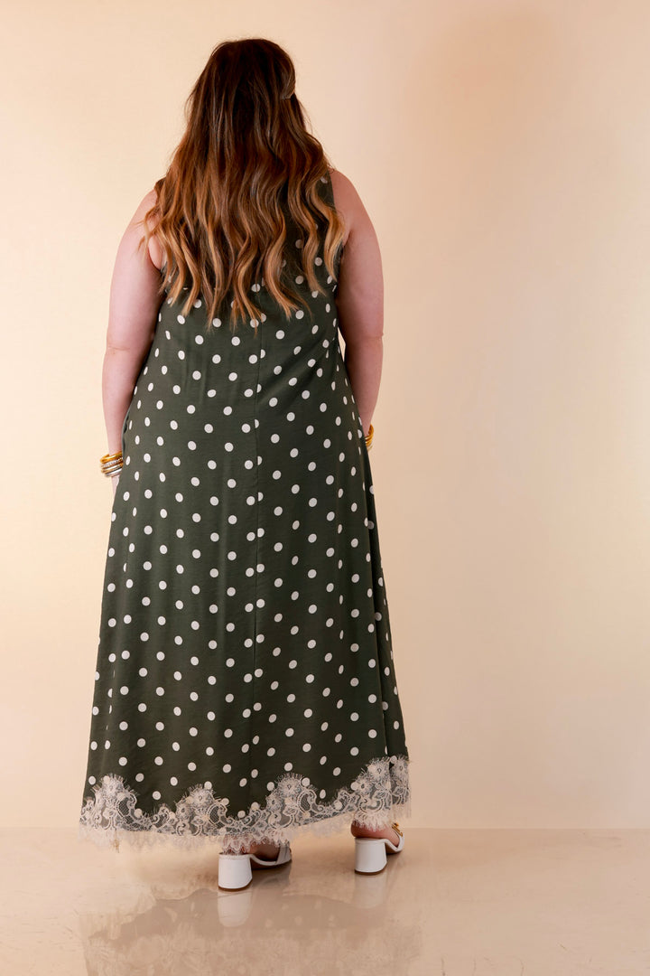 Sweet Little Something Polka Dot Sleeveless Maxi Dress with Lace Trim in Olive Green