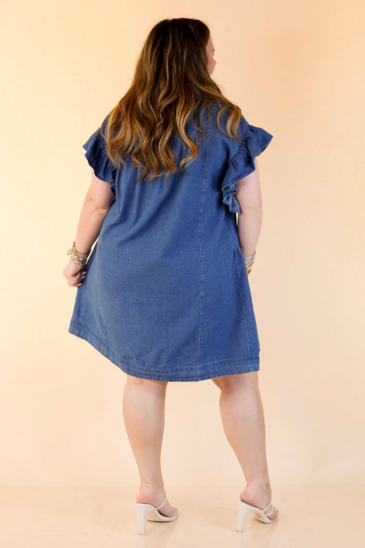 Denim Darling A-Line Button-Up Dress With Ruffle Sleeves and Collar in Classic Blue