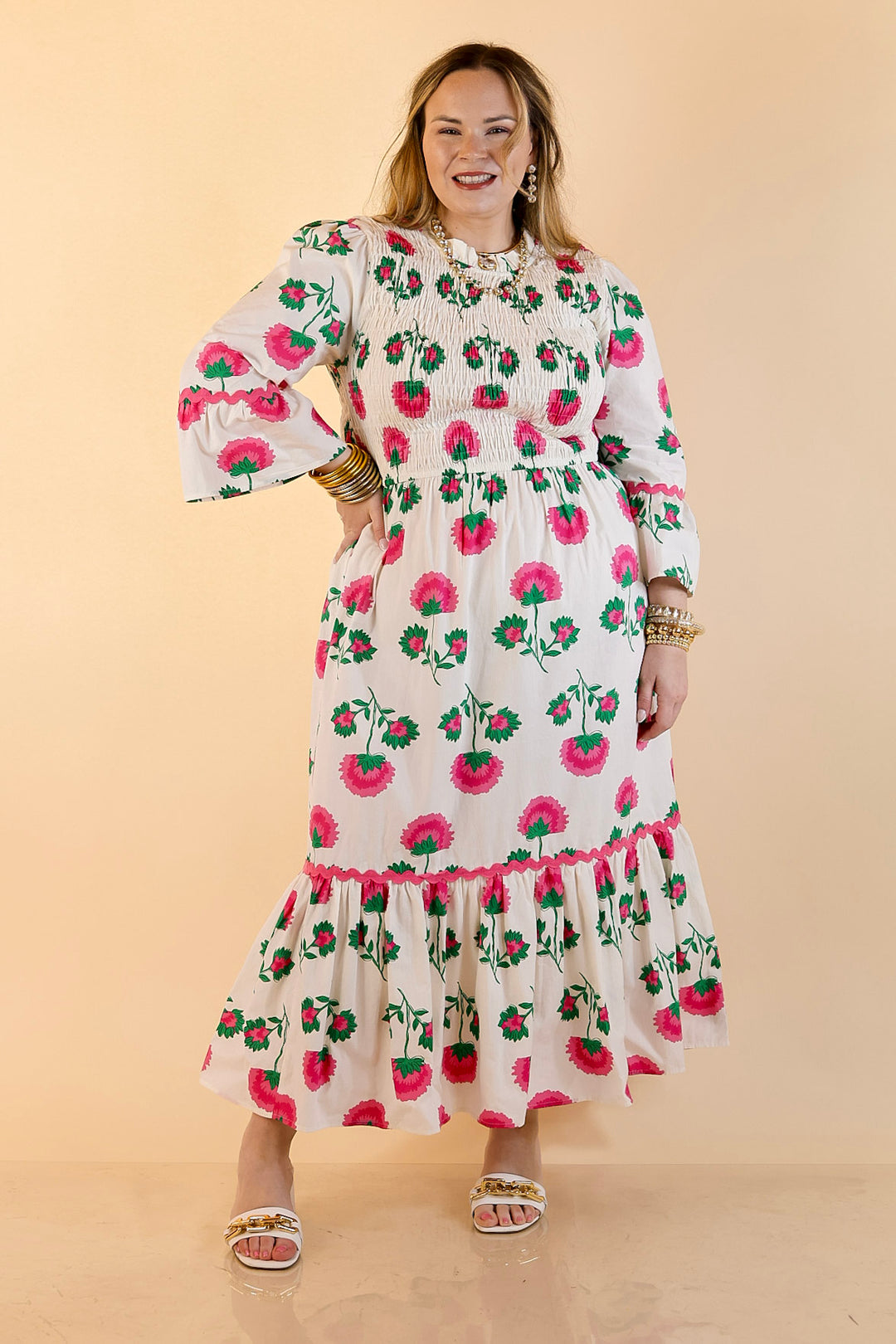 Mud Pie | Petal Parade Smocked Floral Print Tiered Midi Dress with Scallop Trim in Cream Multi