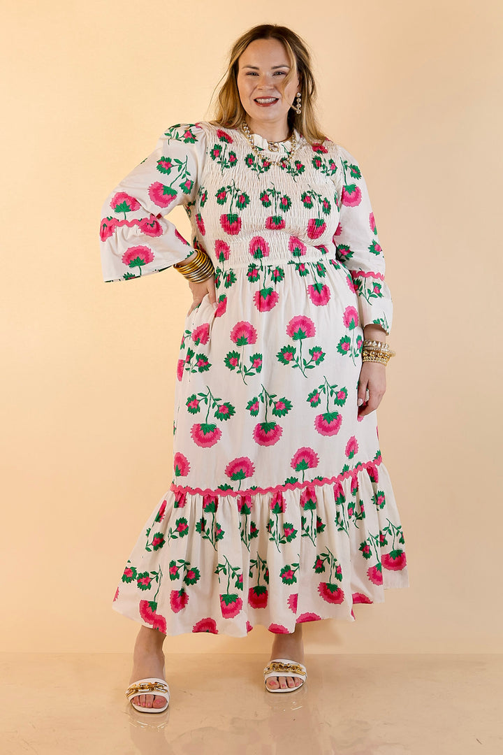 Mud Pie | Petal Parade Smocked Floral Print Tiered Midi Dress with Scallop Trim in Cream Multi