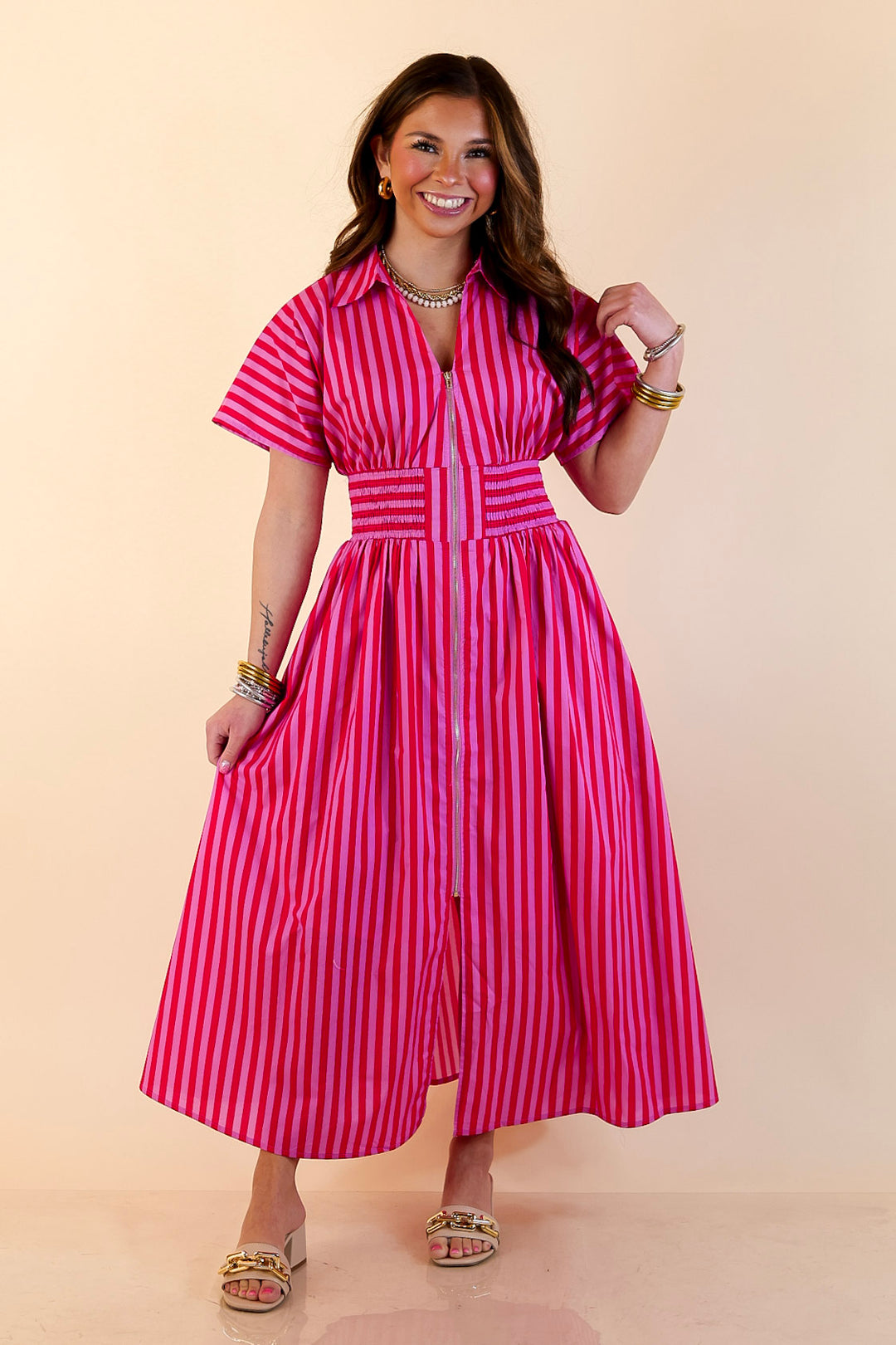 modern smocked dresses Zip Front Midi Stripe Dress Smocked Waist Short Sleeves in Red & Pink S