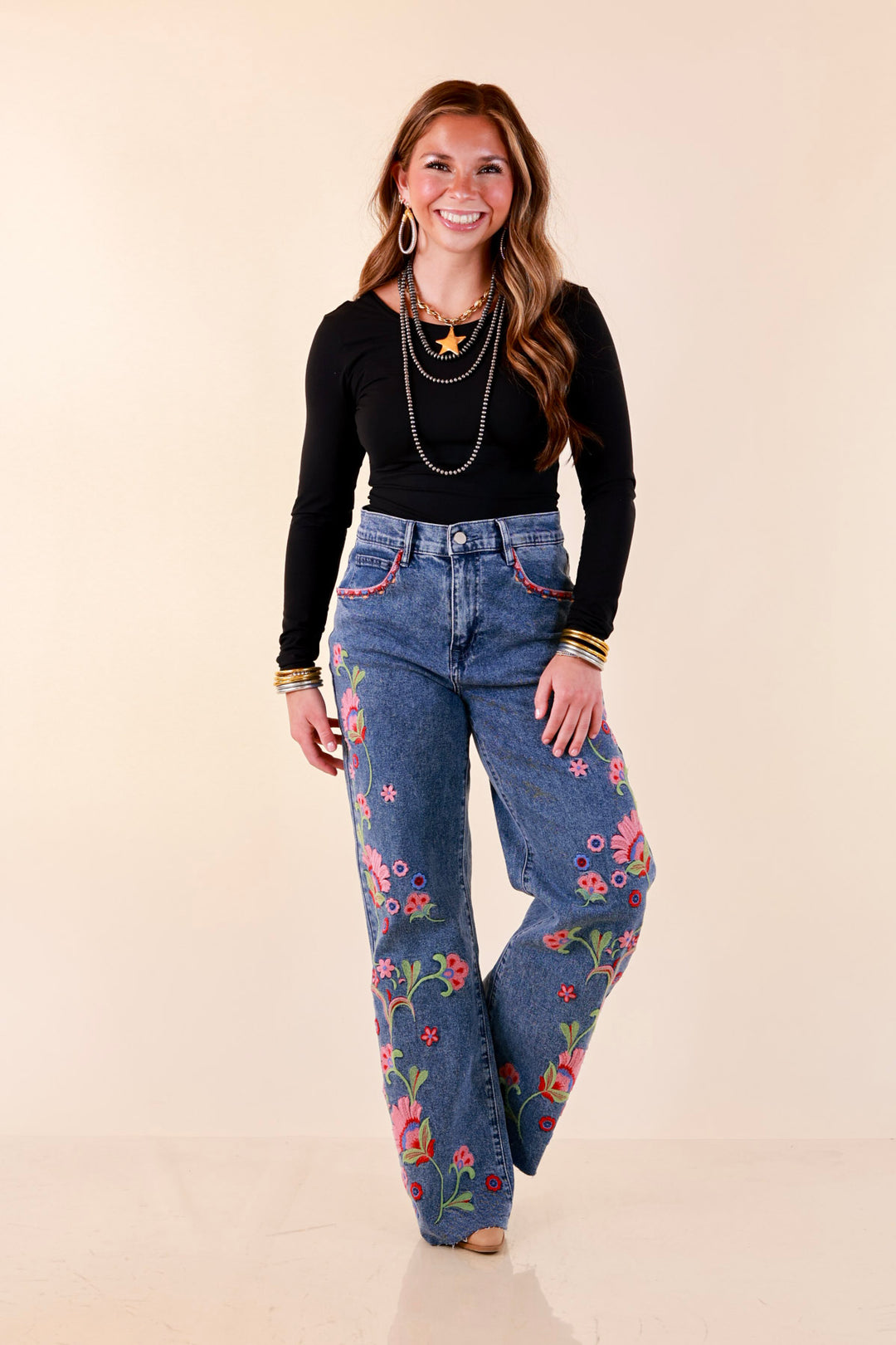 Artfully Yours Straight Leg Raw Hem Embroidered Denim Jeans in Medium Wash