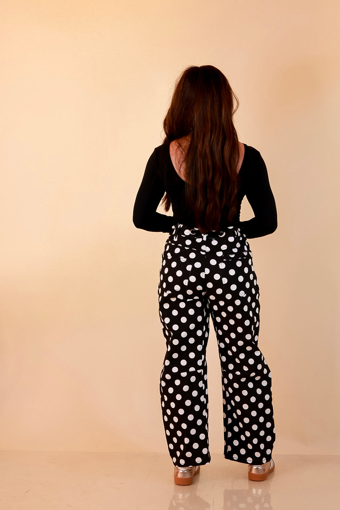 Just My Type Polka Dot Wide Leg Barrel Jeans with Drawstring Waist and Pockets in Black and White