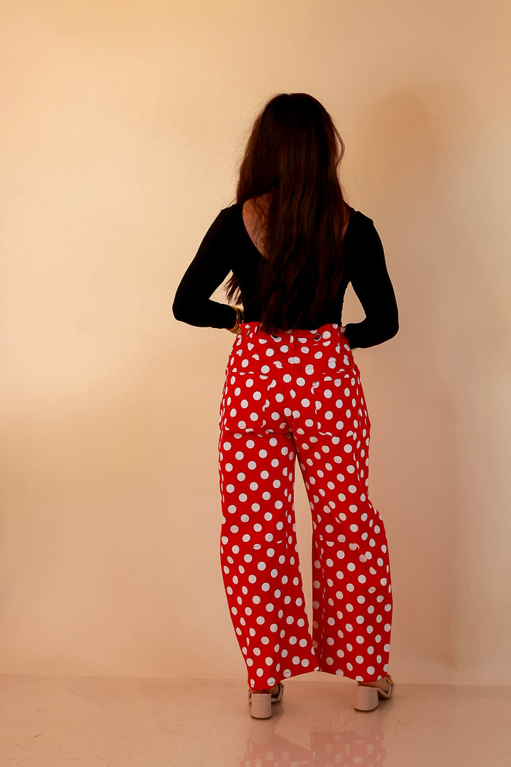 Just My Type Polka Dot Wide Leg Barrel Jeans with Drawstring Waist and Pockets in Red and White