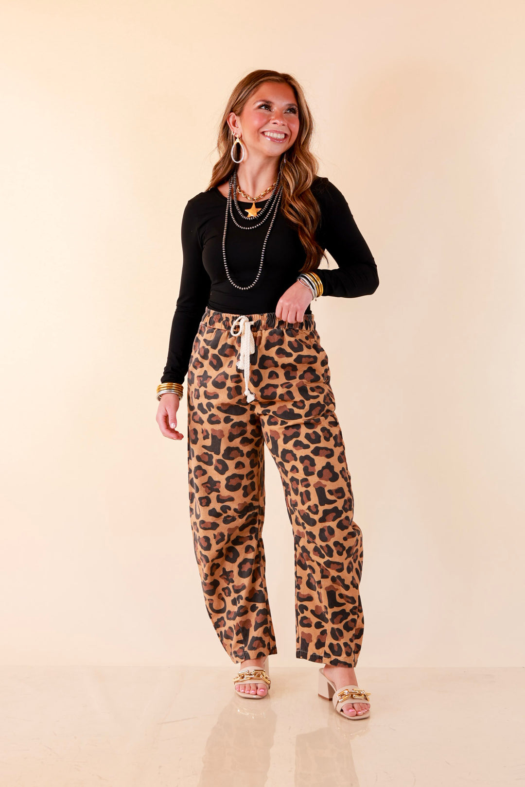 Modern Drama Leopard Print Wide Leg Barrel Jeans with Elastic Drawstring Waist in Camel Brown