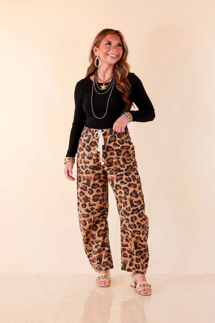 Modern Drama Leopard Print Wide Leg Barrel Jeans with Elastic Drawstring Waist in Camel Brown