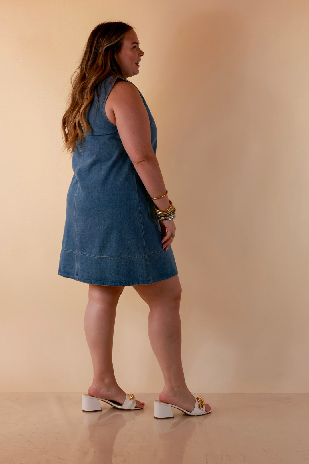 Easy on Repeat Collared Sleeveless Denim Dress with Horse Bit Detailing in Medium Wash