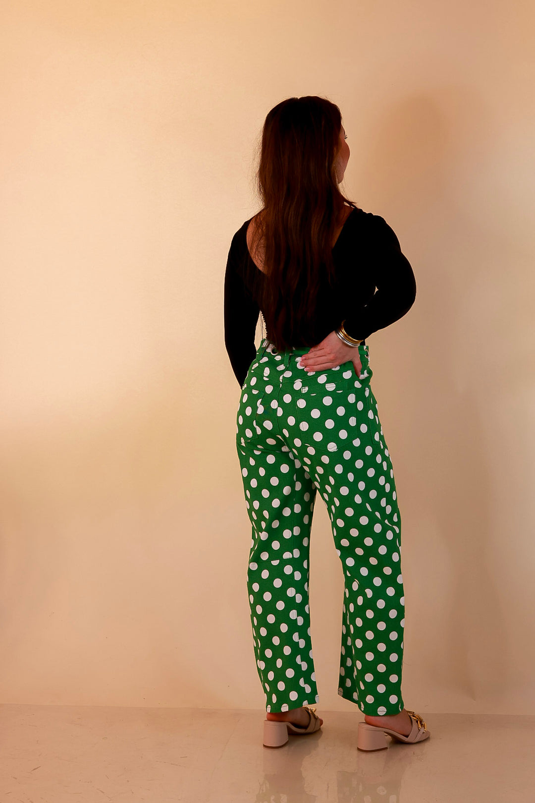 Just My Type Polka Dot Wide Leg Barrel Jeans with Drawstring Waist and Pockets in Green and White