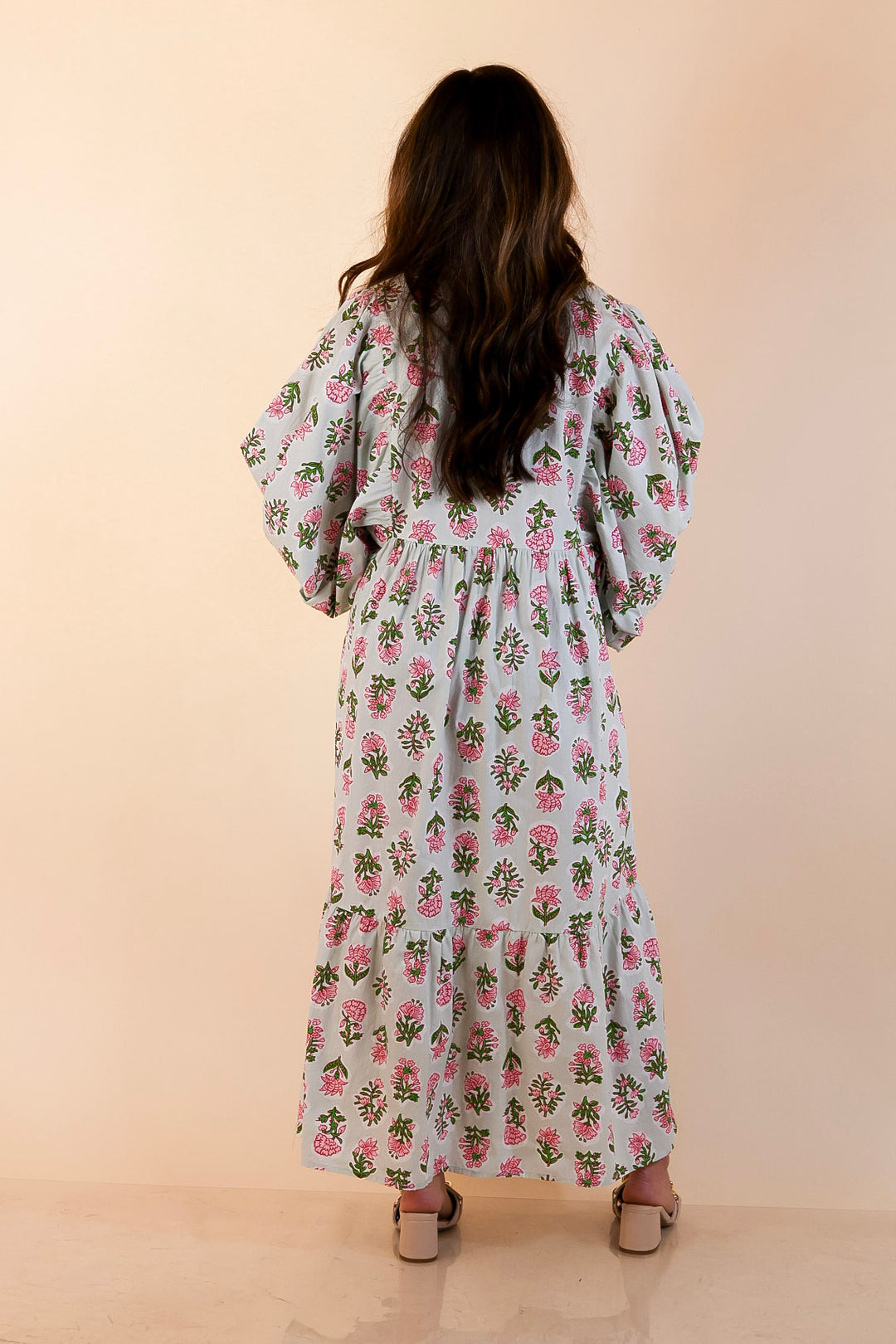 Mud Pie | Lovely Impression Cotton Poplin Floral Midi Dress with Ruffle Collar and Puff Sleeves in Sage Multi