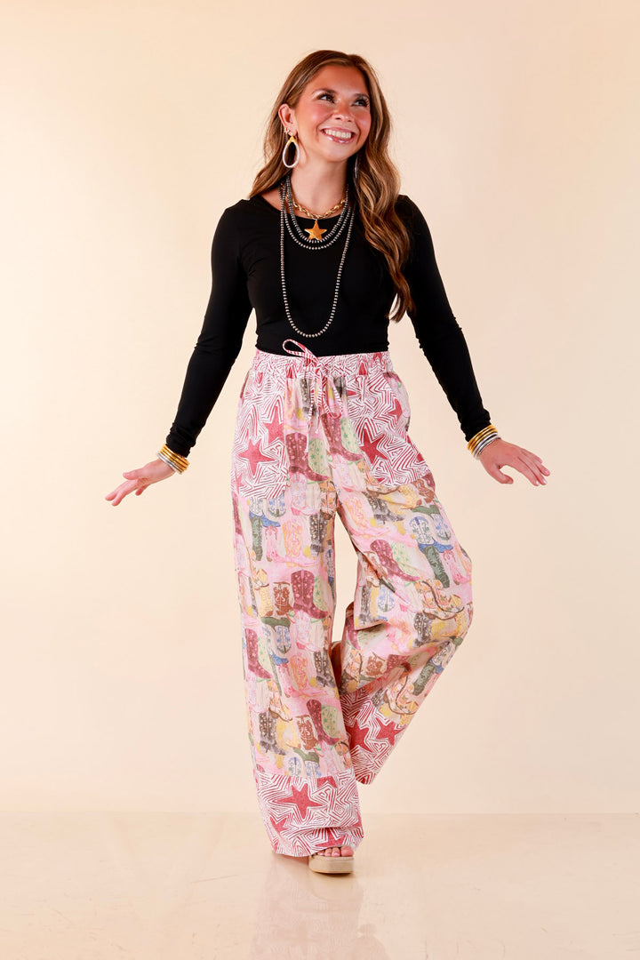Pairs Well with Others Boots and Stars Mixed Print Drawstring Pants with Elastic Waistband in Red Mix
