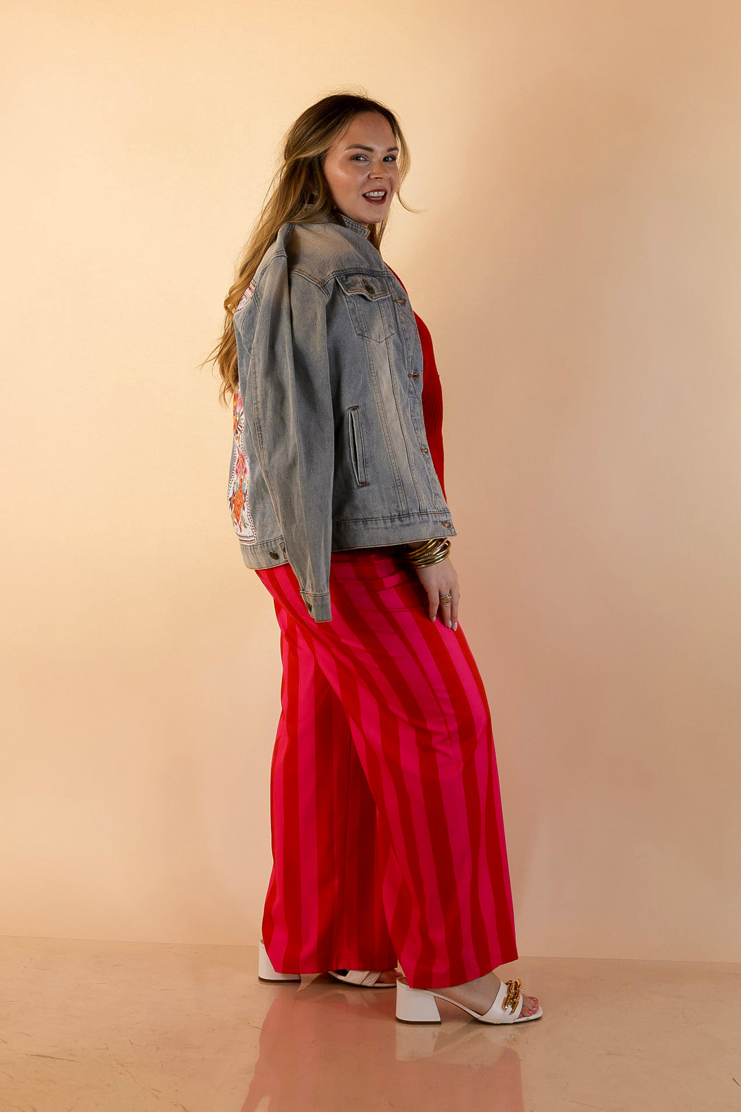 Electric Energy Elastic Waist Wide Leg Stripe Pants with Pockets in Pink and Red