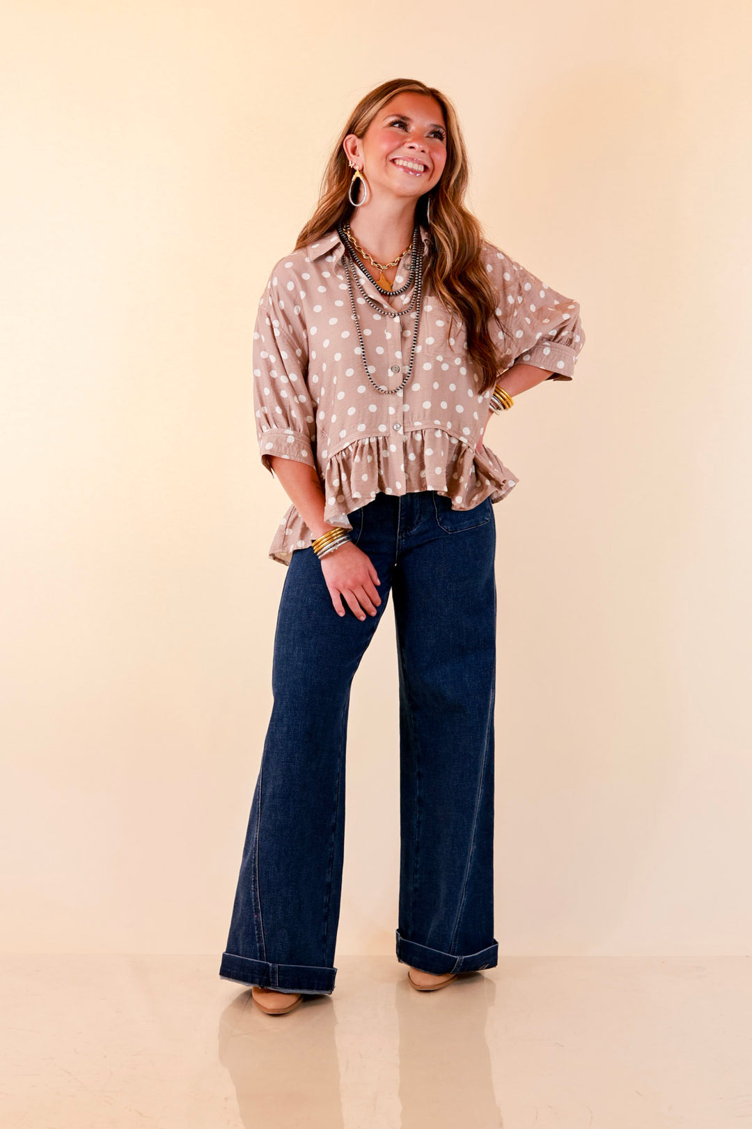 Style Agenda Button Down Peplum Top with Polka Dot Print in Taupe and White