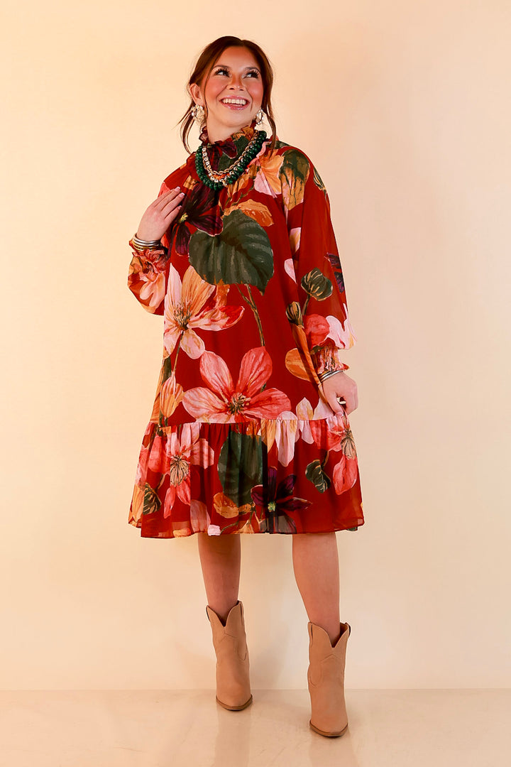 Autumn Romance Ruffle Neck Long Sleeve Floral Peplum Dress in Rust Red Multi
