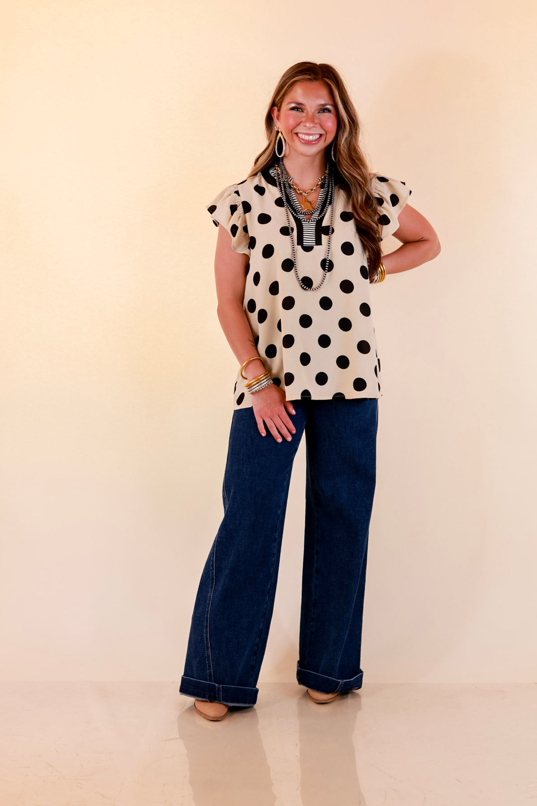 In Good Company Large Polka Dot Blouse with Ruffle Sleeves and Contrast Trim and Collar in Cream with Black Dots