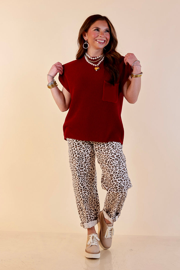 Repeat Ready Cap Sleeve Sweater with Front Pocket in Maroon