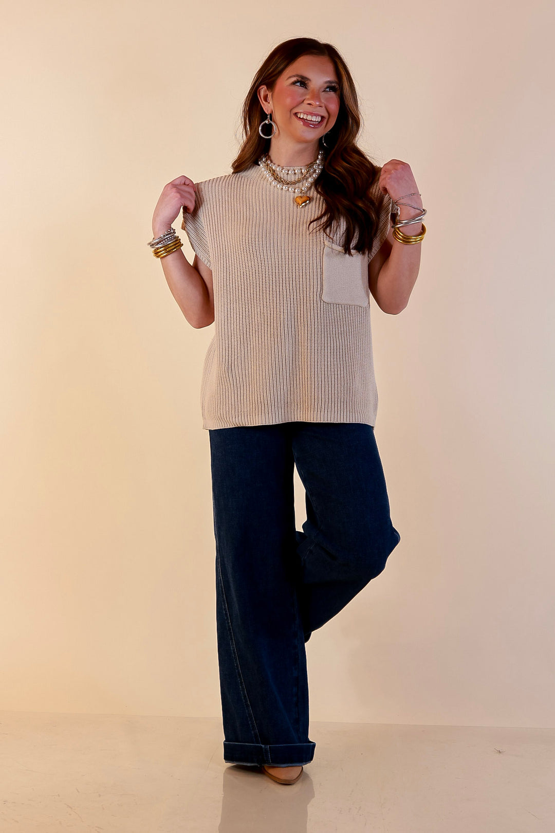 Repeat Ready Cap Sleeve Sweater with Front Pocket in Natural Beige