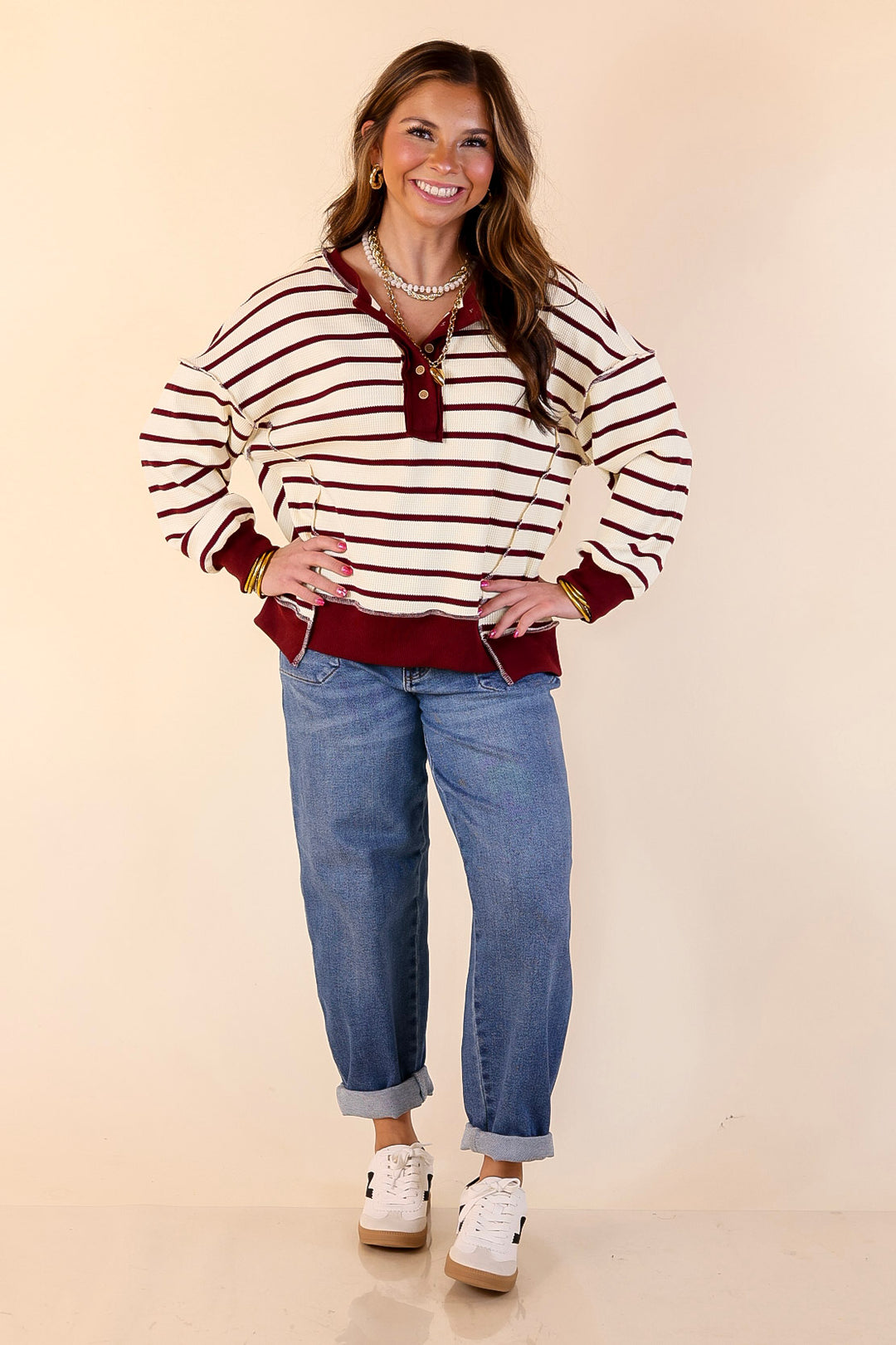 Casual Edge Long Sleeve Striped Henley Knit Top with Dropped Shoulders in Ivory with Maroon Stripes