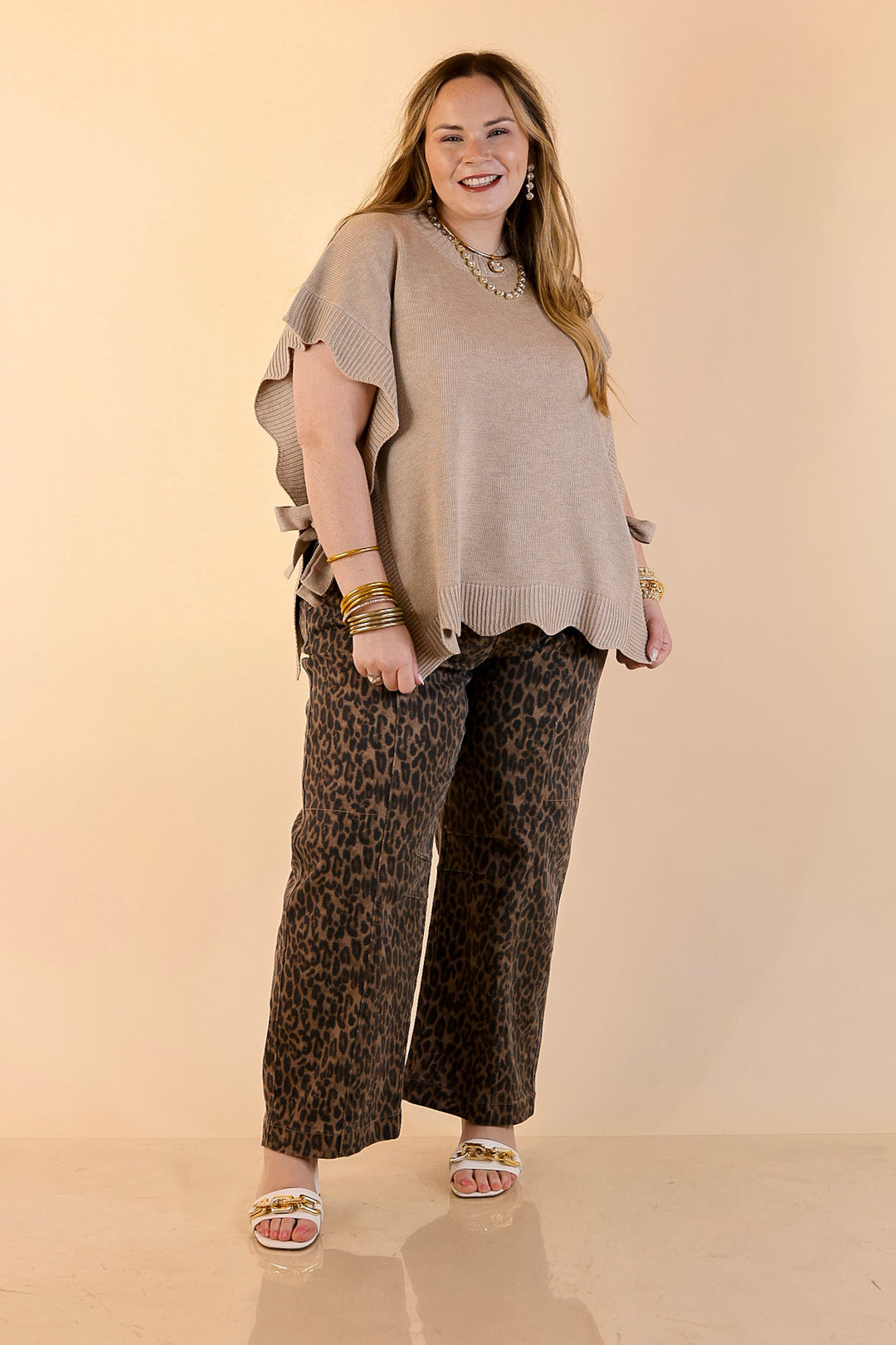 Mud Pie | Sweet Simplicity Scalloped Edge Side Tie Knit One Sized Poncho Sweater in Tan