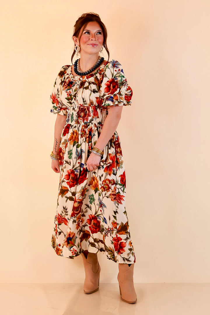 Autumn in the Air Puff Sleeve Smocked Waist Floral Print Tiered Midi Dress in Ivory Multi