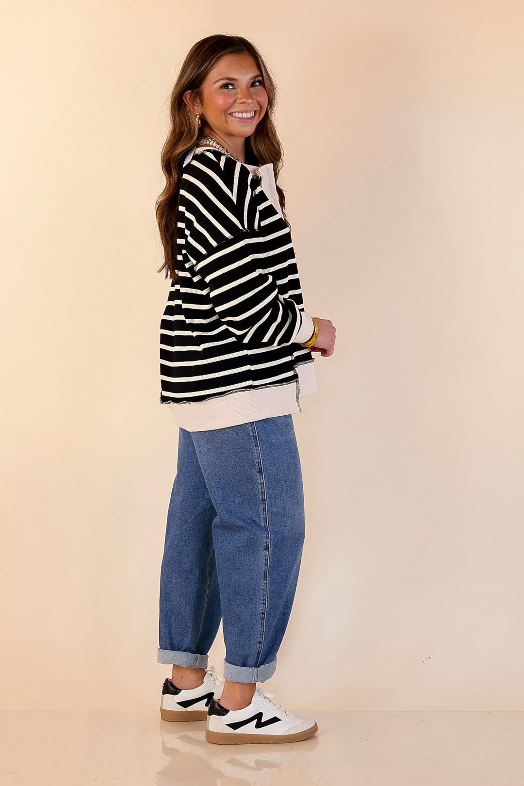 Casual Edge Long Sleeve Striped Henley Knit Top with Dropped Shoulders in Black with Ivory Stripes