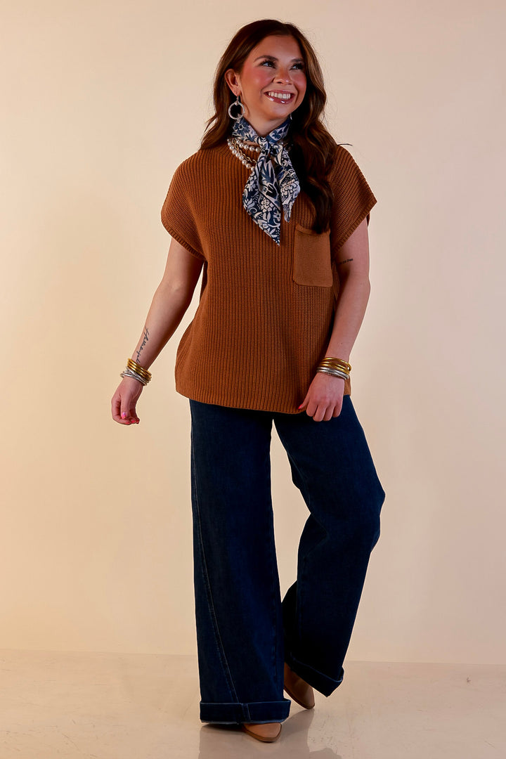 Repeat Ready Cap Sleeve Sweater with Front Pocket in Camel Brown