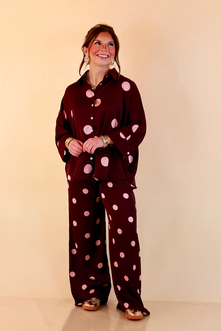Two of a Kind Oversized Long Sleeve Button Down Blush Pink Polka Dot Blouse in Maroon