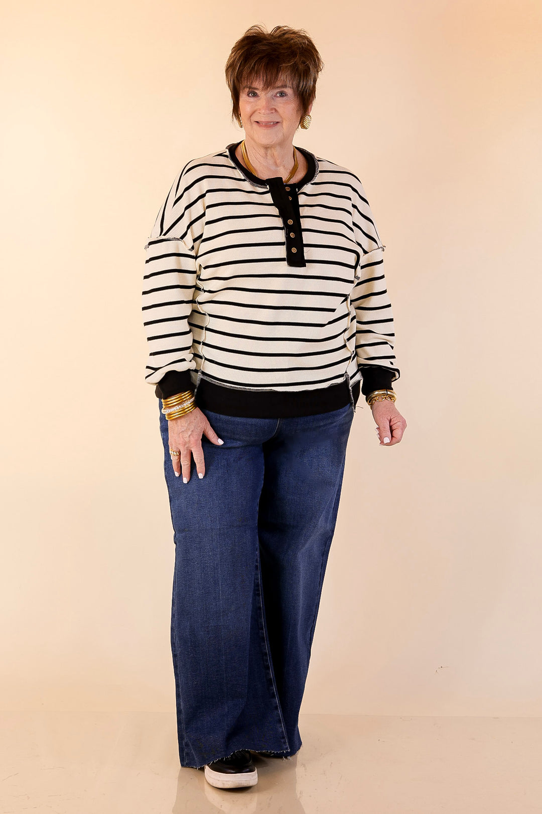 Casual Edge Long Sleeve Striped Henley Knit Top with Dropped Shoulders in Ivory with Black Stripes