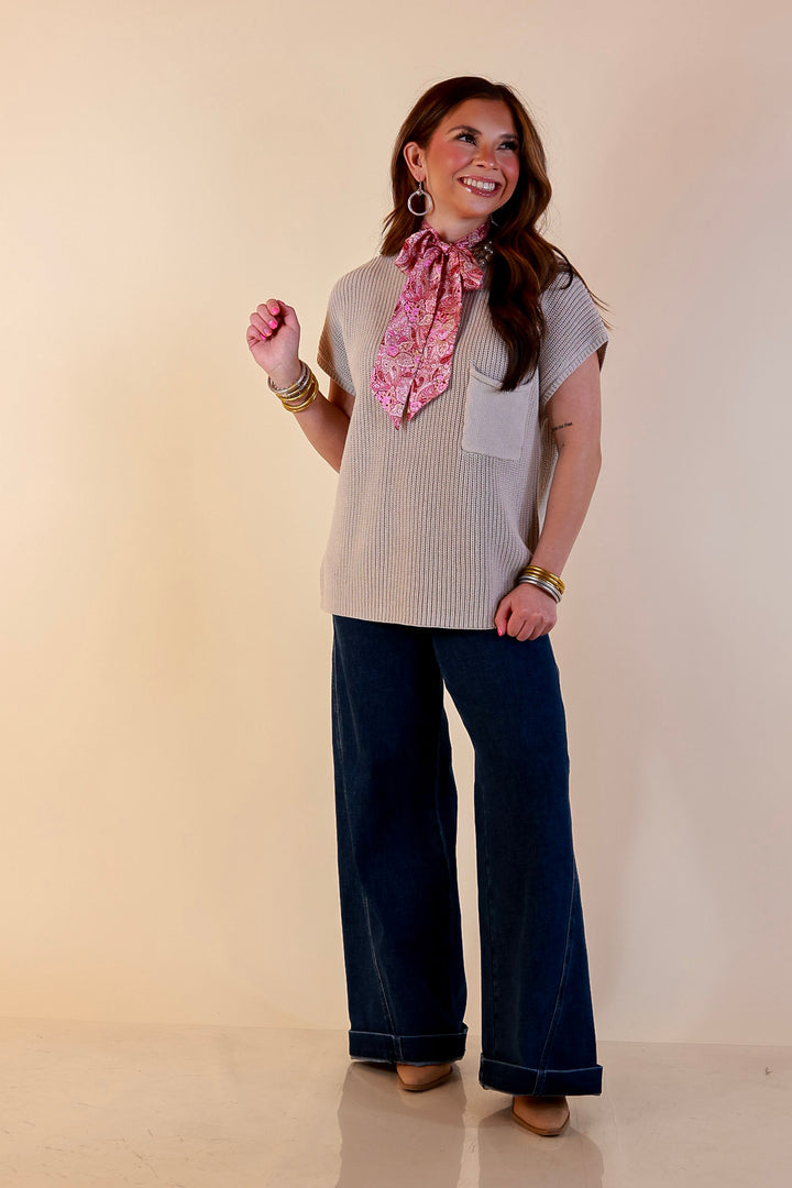 Repeat Ready Cap Sleeve Sweater with Front Pocket in Stone Beige