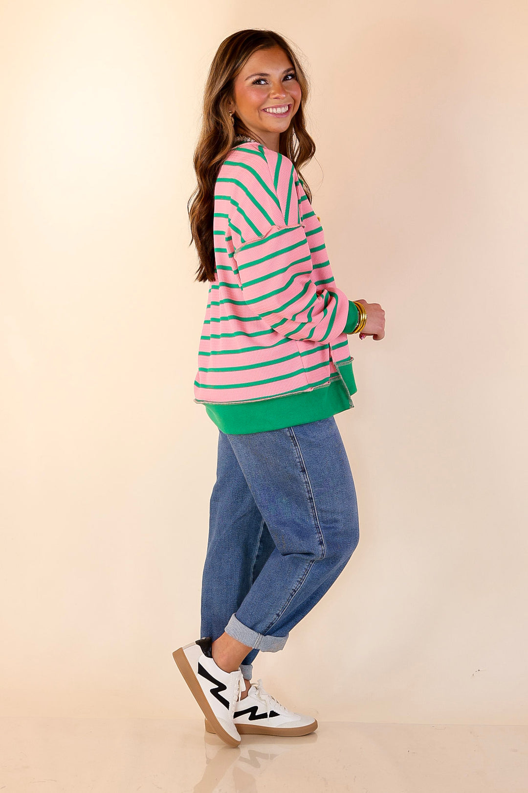 Casual Edge Long Sleeve Striped Henley Knit Top with Dropped Shoulders in Pink with Green Stripes