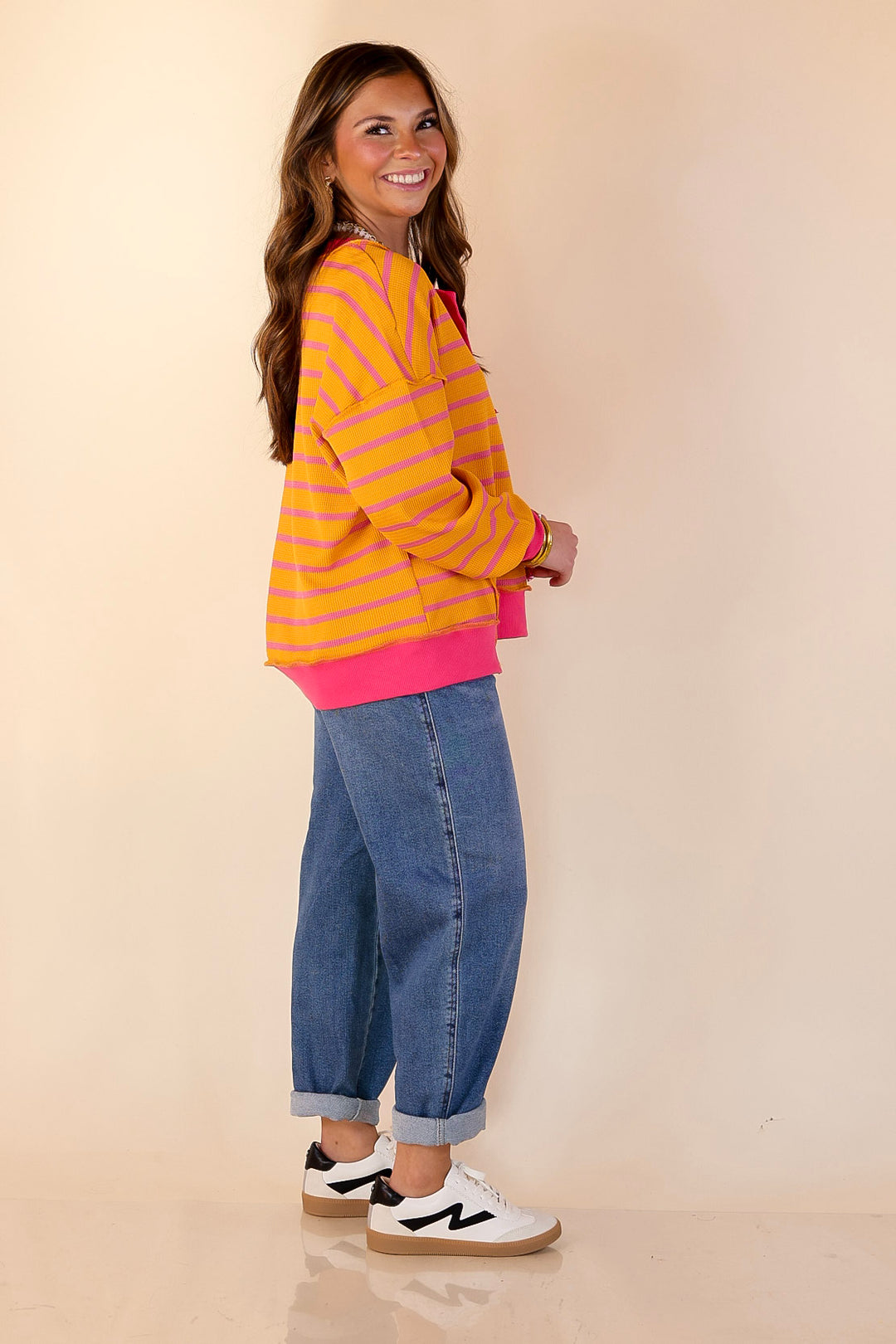 Casual Edge Long Sleeve Striped Henley Knit Top with Dropped Shoulders in Orange with Pink Stripes