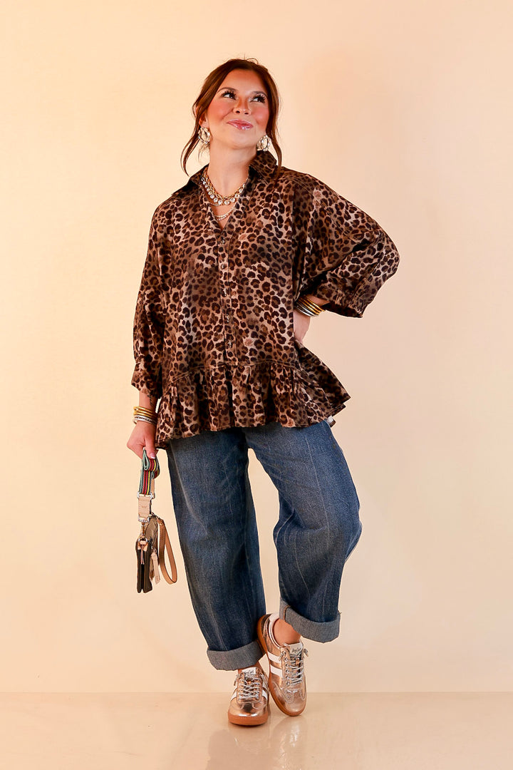 Quite the Impression Collared Button Front Leopard Print Peplum Top in Brown Multi