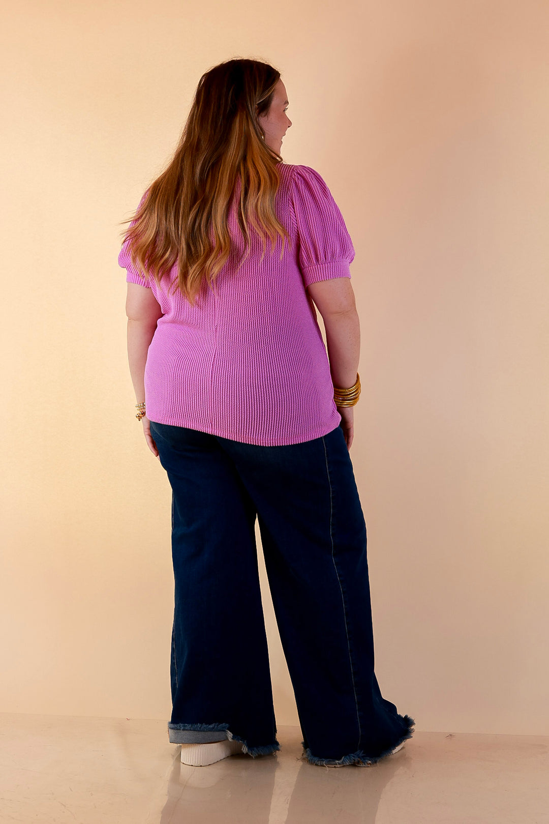 Sweet Sophistication Puff Short Sleeve Ribbed Top with Scoop Neck in Violet Purple