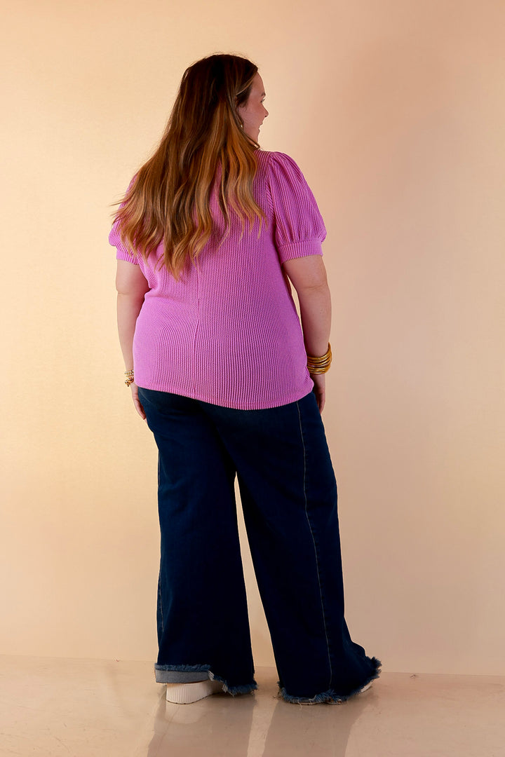 Sweet Sophistication Puff Short Sleeve Ribbed Top with Scoop Neck in Violet Purple