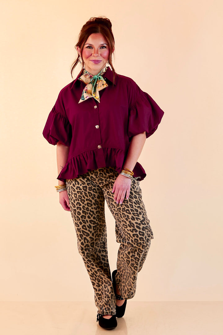 Style in Session Solid Button Down Peplum Bubble Sleeve Top in Maroon