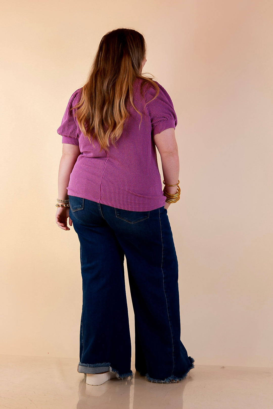 Sweet Sophistication Puff Short Sleeve Ribbed Top with Scoop Neck in Purple