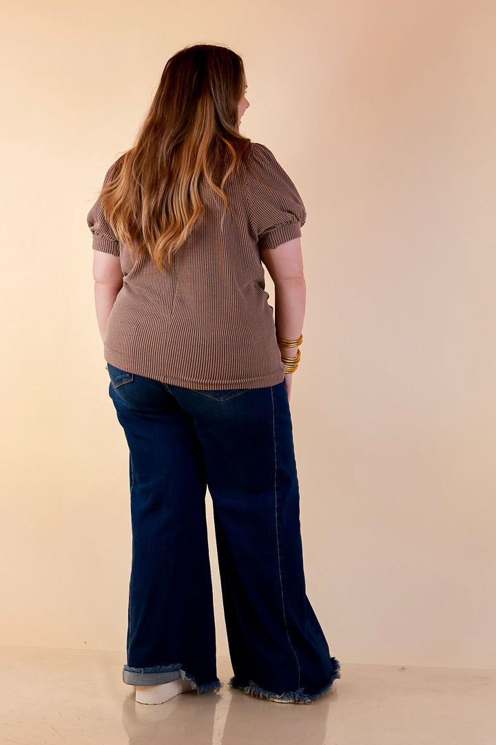 Sweet Sophistication Puff Short Sleeve Ribbed Top with Scoop Neck in Mocha Brown