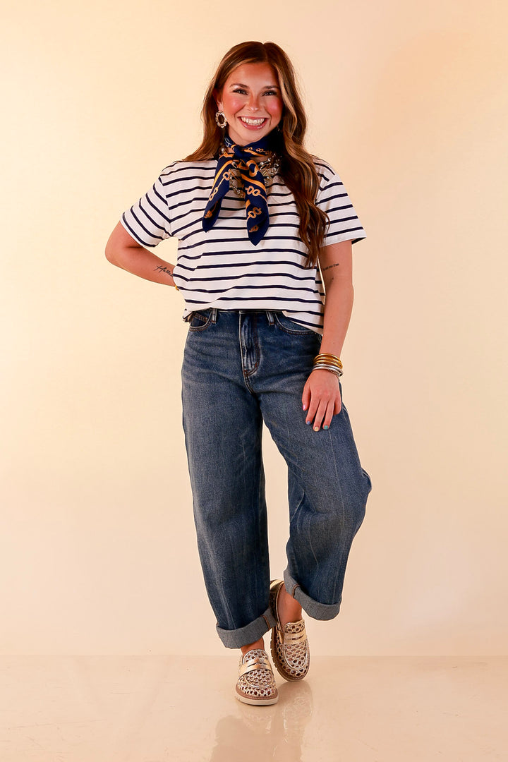 The Daily Stripe Scoop Neck Short Sleeve Striped Tee Top in Navy Blue