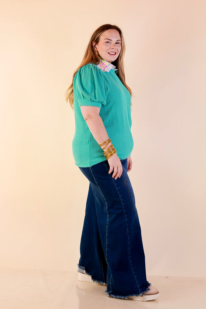 Sweet Sophistication Puff Short Sleeve Ribbed Top with Scoop Neck in Turquoise Blue