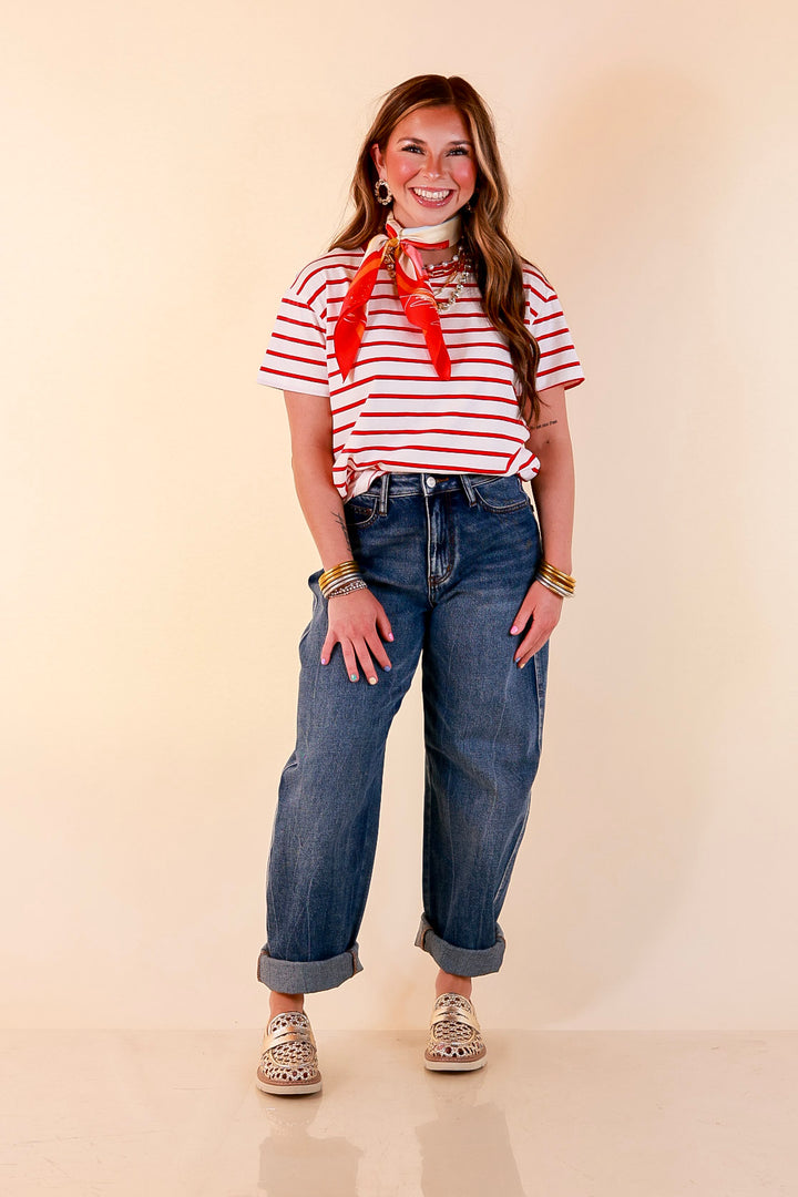 The Daily Stripe Scoop Neck Short Sleeve Striped Tee Top in Red