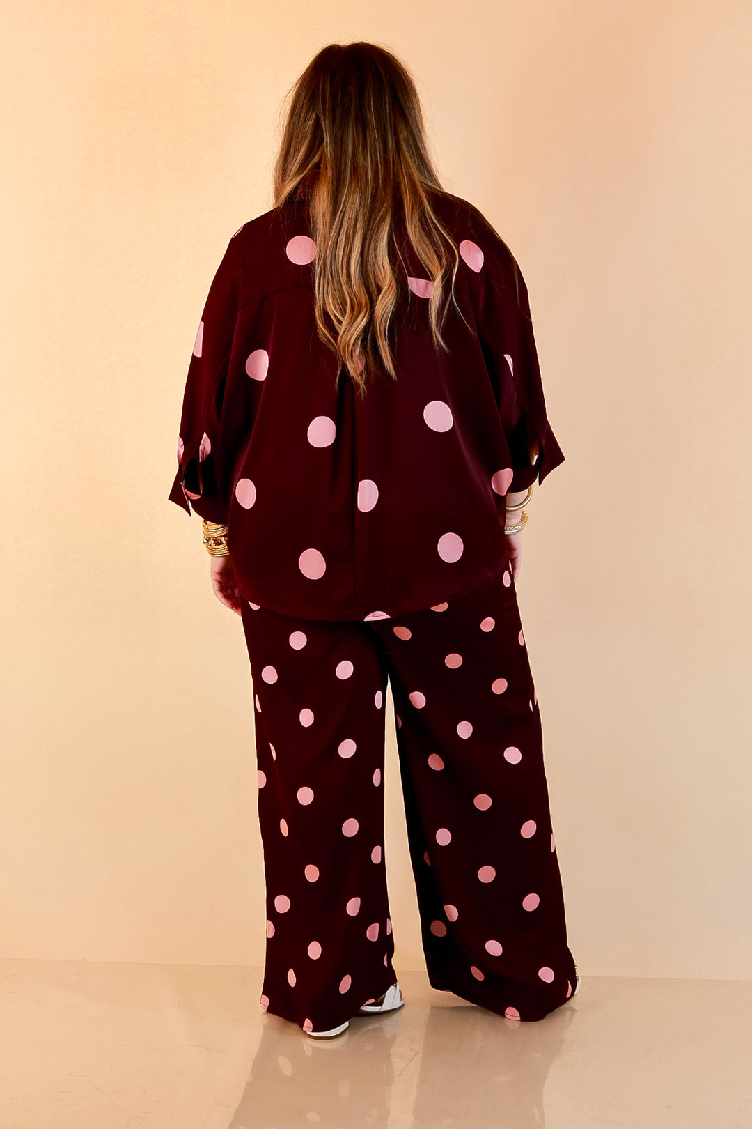 Two of a Kind Full Length Wide Leg Pull-On Drawstring Blush Pink Polka Dot Pants in Maroon