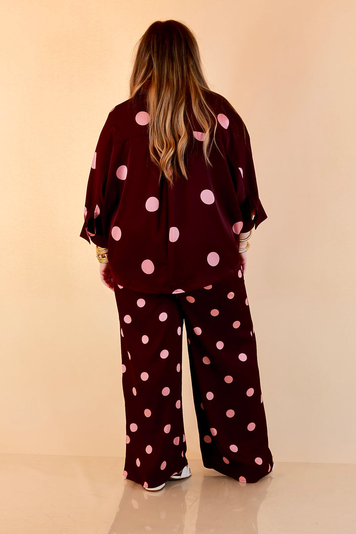 Two of a Kind Full Length Wide Leg Pull-On Drawstring Blush Pink Polka Dot Pants in Maroon