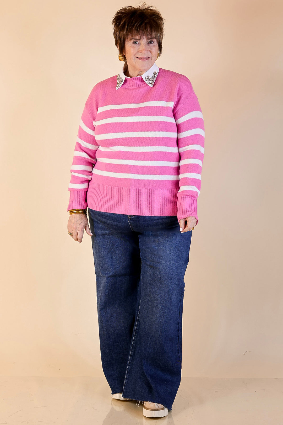 Chilly Day Charm Mock Neck Long Sleeve High-Low Striped Sweater in Pink with Ivory Stripes