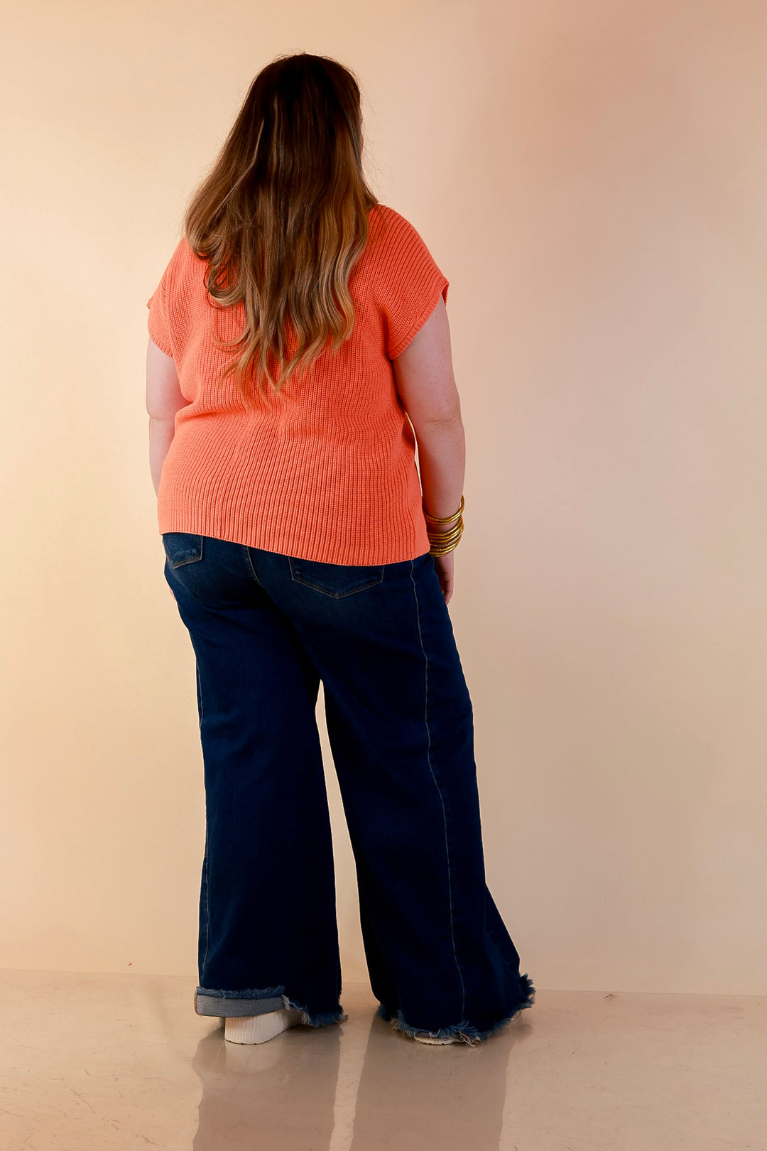 Repeat Ready Cap Sleeve Sweater with Front Pocket in Coral Orange