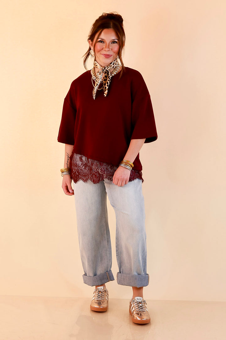 Laced with Charm Oversized Asymmetrical Lace Trim Boxy Top in Maroon