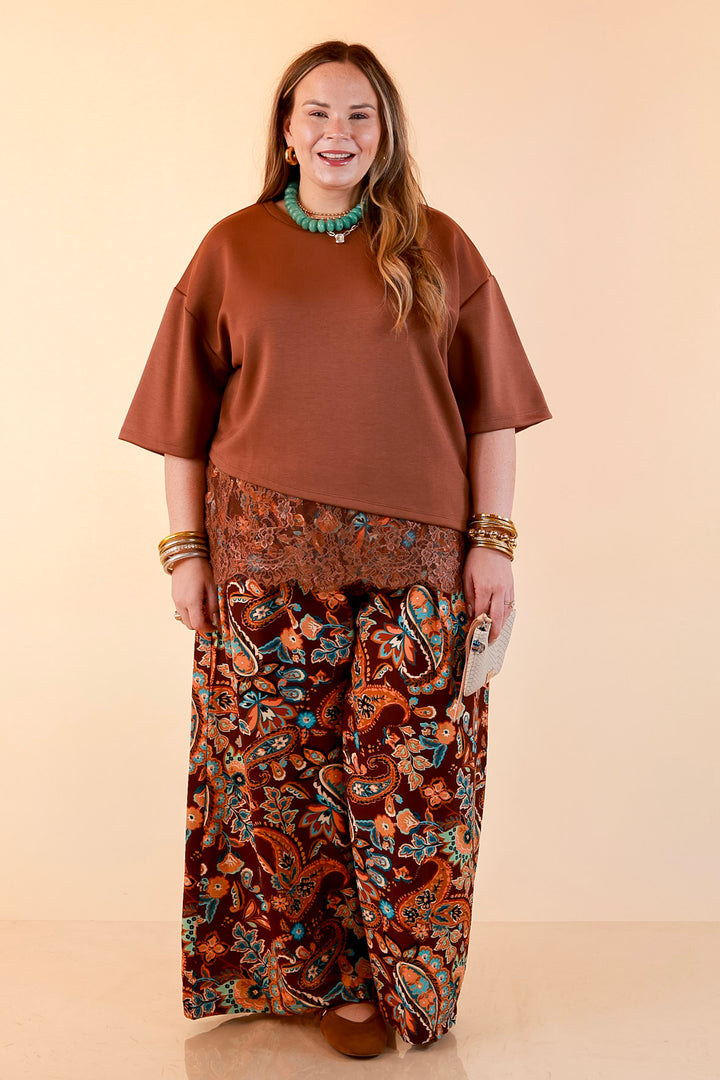 Laced with Charm Oversized Asymmetrical Lace Trim Boxy Top in Coco Brown