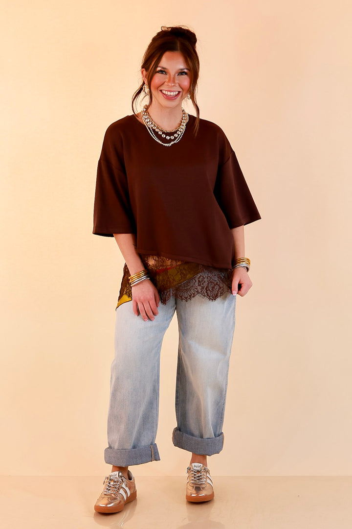 Laced with Charm Oversized Asymmetrical Lace Trim Boxy Top in Chocolate Brown