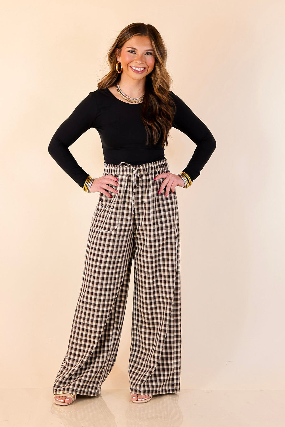 Pairs Well with Others Plaid Checkered Print Drawstring Pants with Elastic Waistband in Ivory