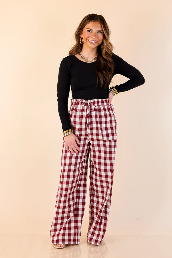 Pairs Well with Others Gingham Print Drawstring Pants with Elastic Waistband in Ivory and Maroon